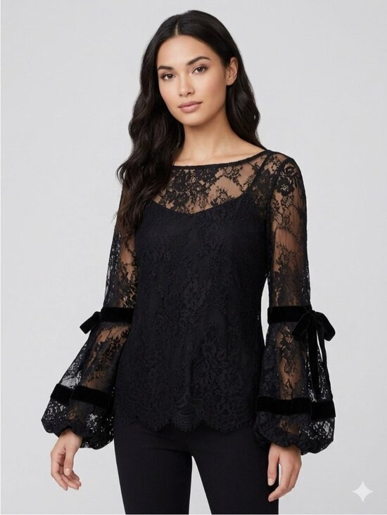 Alberto Makali Tops - Alberto Makali Black Sheer Lace Velvet Trim Lantern Sleeve Top - Medium